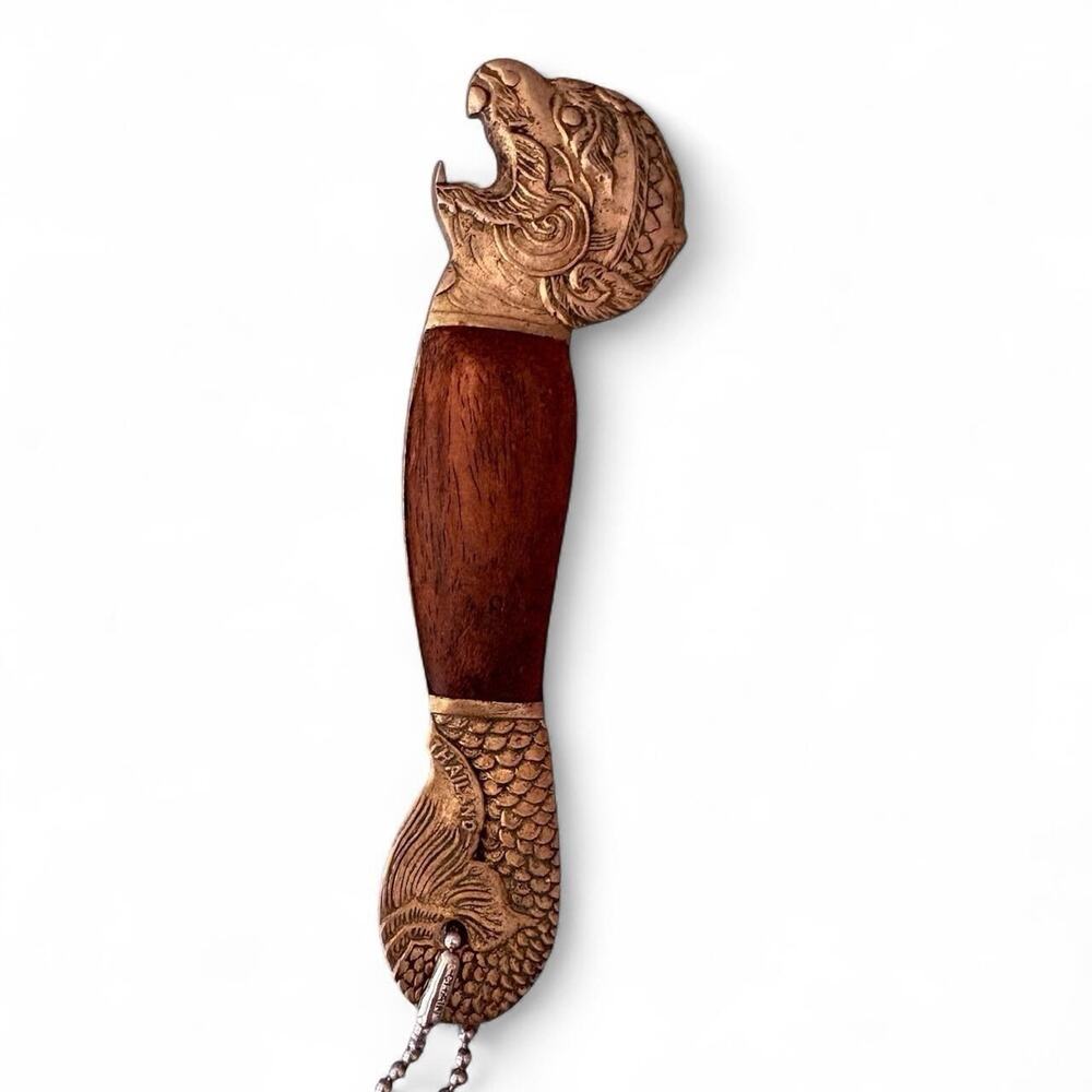 Vintage Thailand Brass Lion Head Bottle Opener With Rosewood Handle